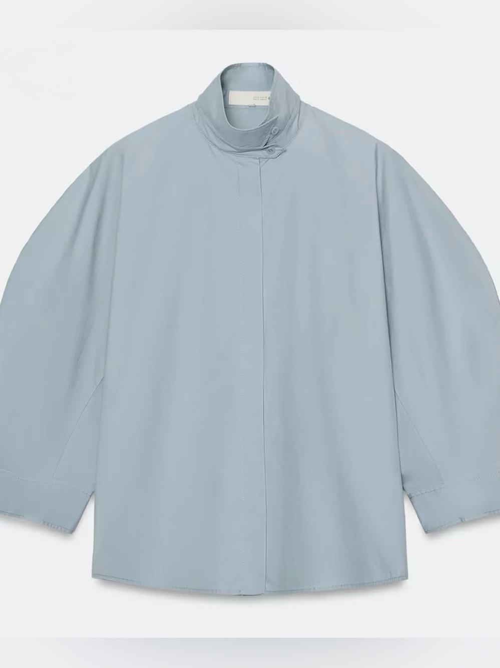 Zara Blue Gray Cotton Blouse 1/2 Puff Sleeves Medium High Button Collar NWT